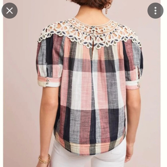 By Anthropologie plaid & lace top size S - Picture 8 of 8